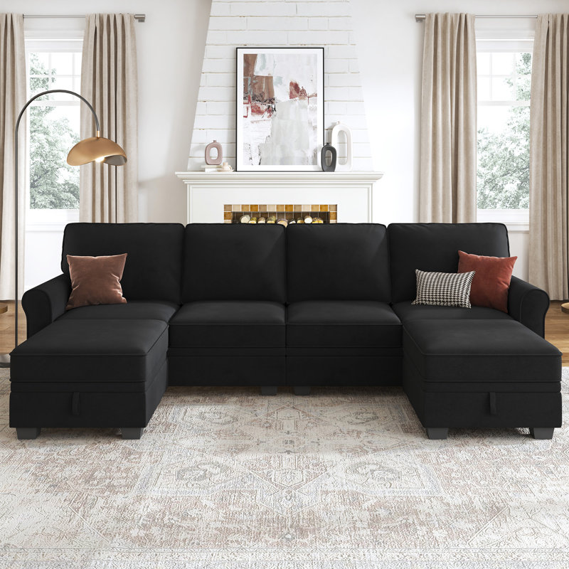 Canapé modulaire réversible en U avec rangement, Velours noir
