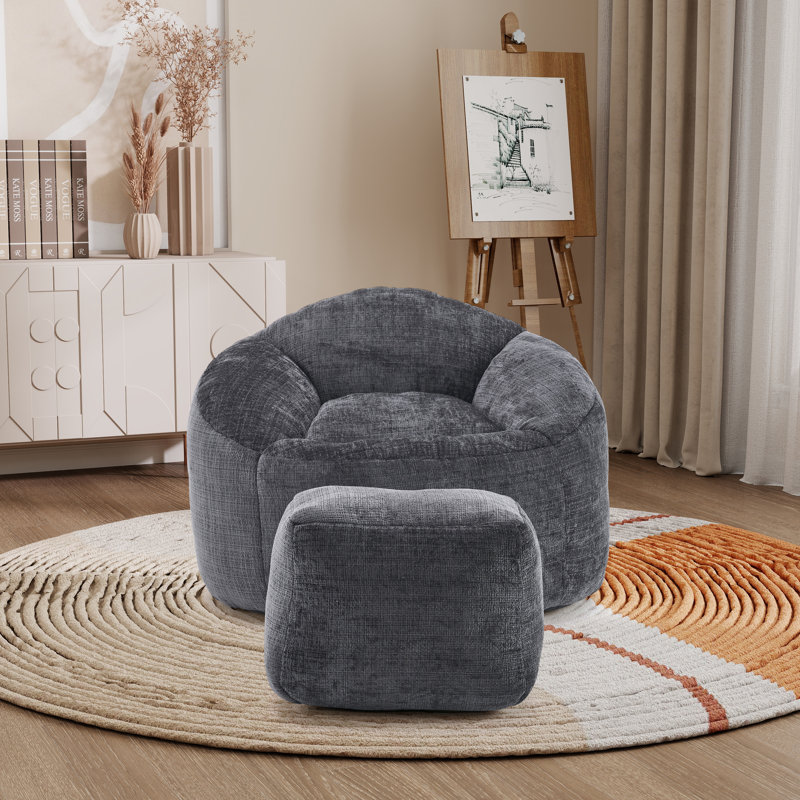 Fauteuil à billes rembourré avec repose-pieds, Chenille noir