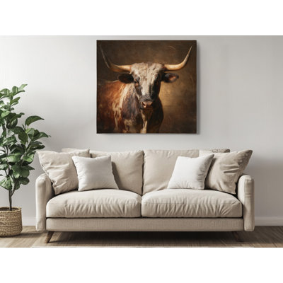 Rustic Texas Longhorn Bull Canvas Wall Art, Brown and Tan Farmhouse Animal Portrait Print, Gallery Wrapped Decor