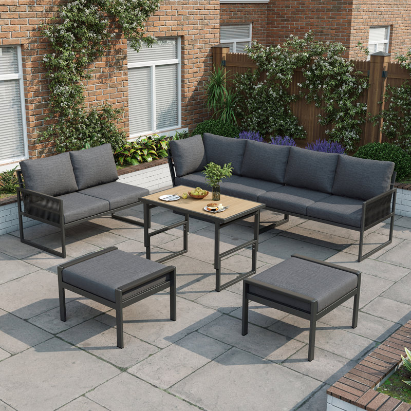 7-8 Seat Modular Outdoor Sofa Set With Adjustable Plastic Wood Table & Rope