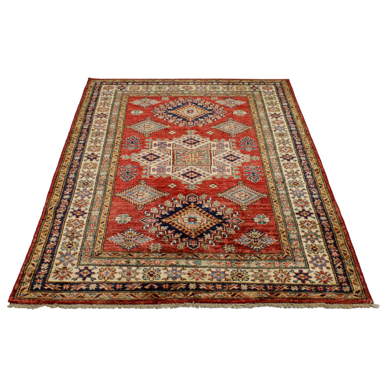 Tapis tribal Kazak 4 x 6 rouge et ivoire