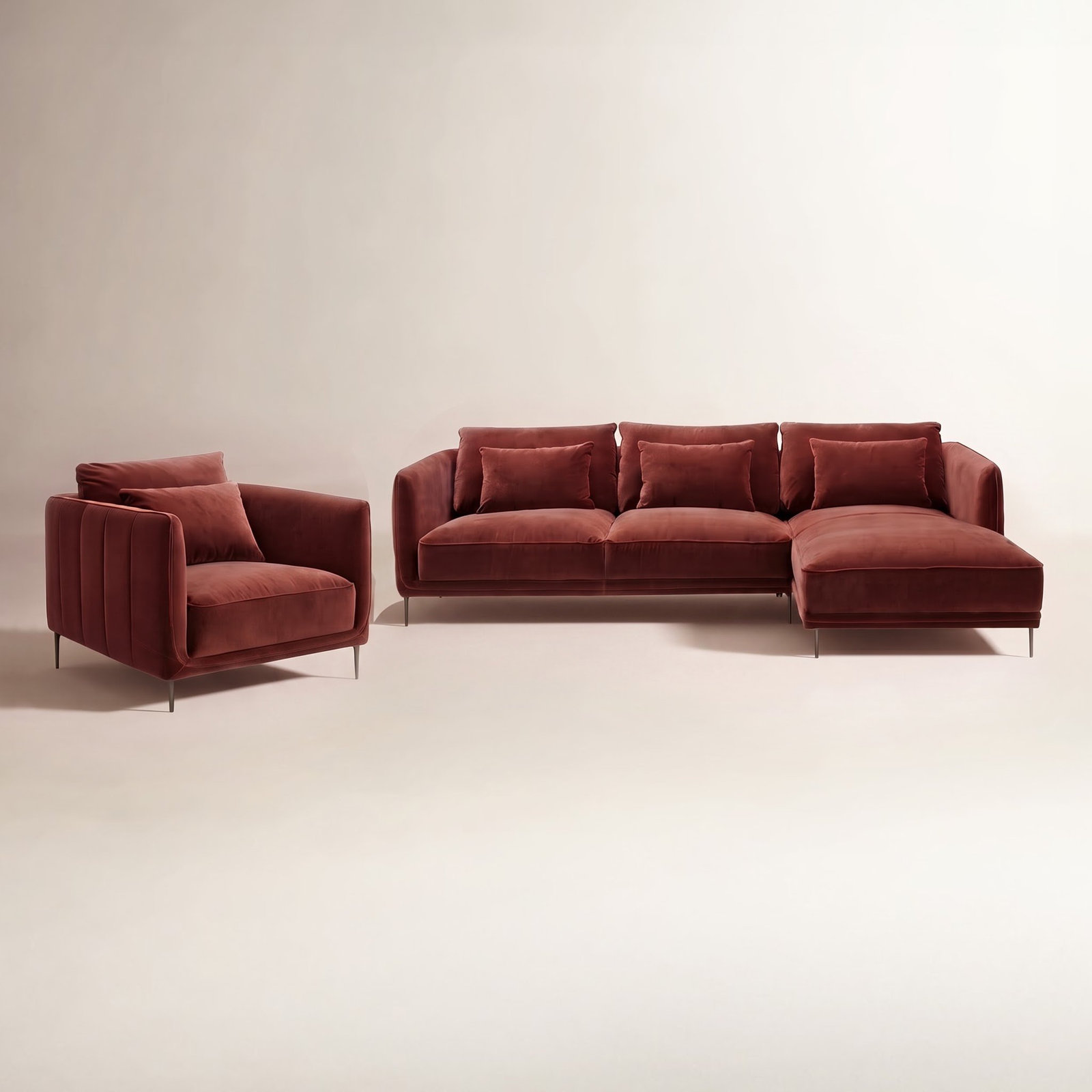 Rae 3-Piece Velvet Living Room Set, Right Hand Facing, Falkirk Reddish Brown