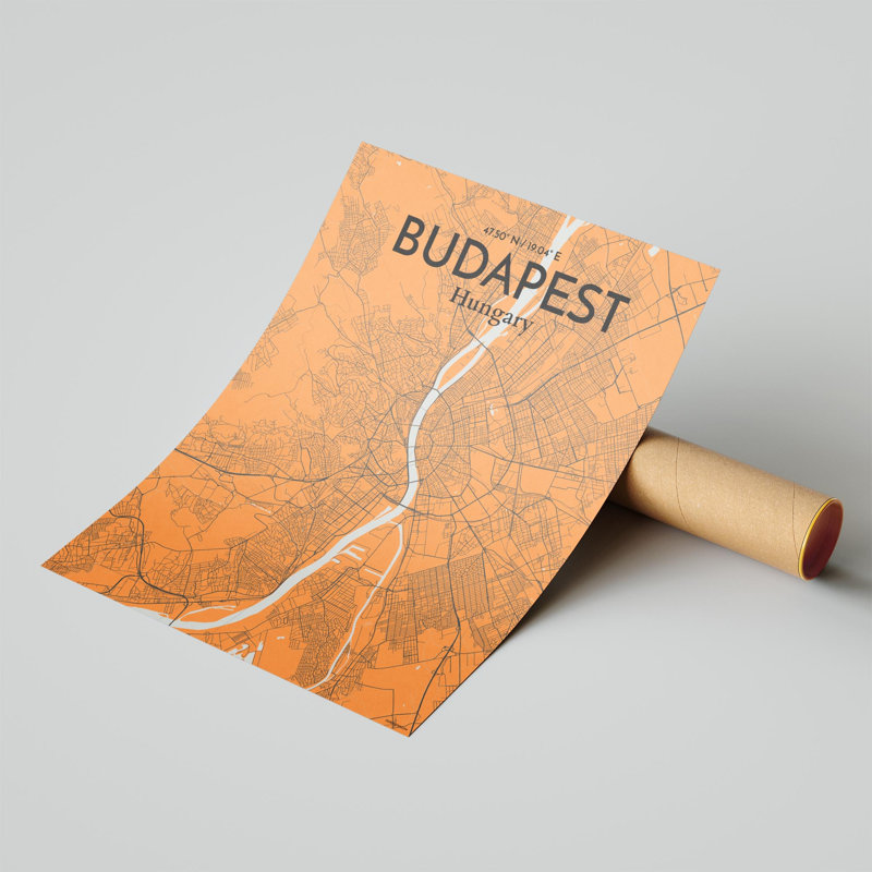 Carte de la ville de Budapest, impression, Oranje, H 20 po x l 16 po x P 0,05 po