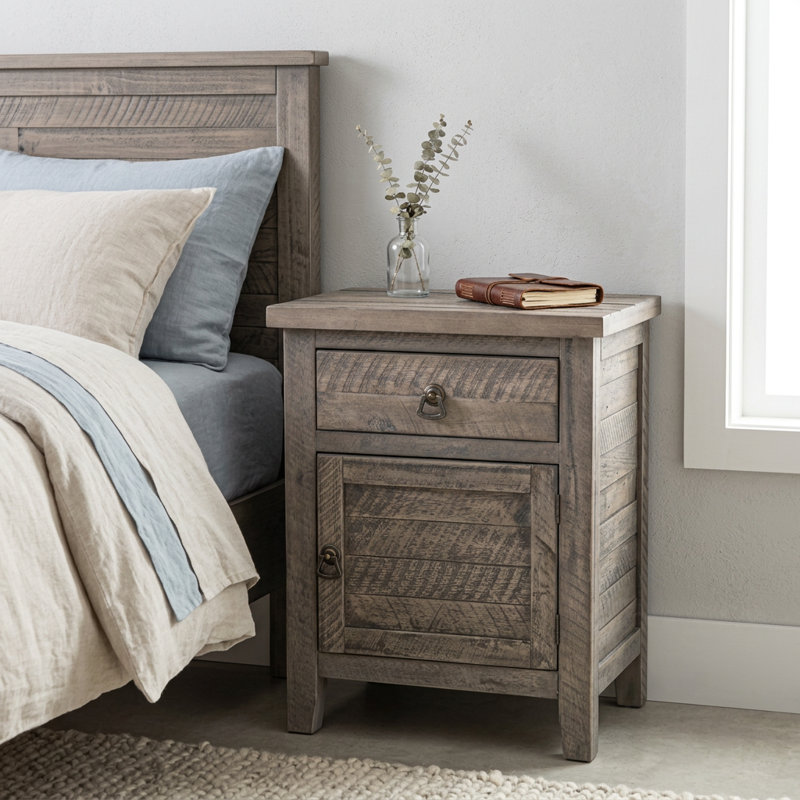 Table de chevet rustique en bois massif avec tiroir et armoire de rangement Laquenda, Gris