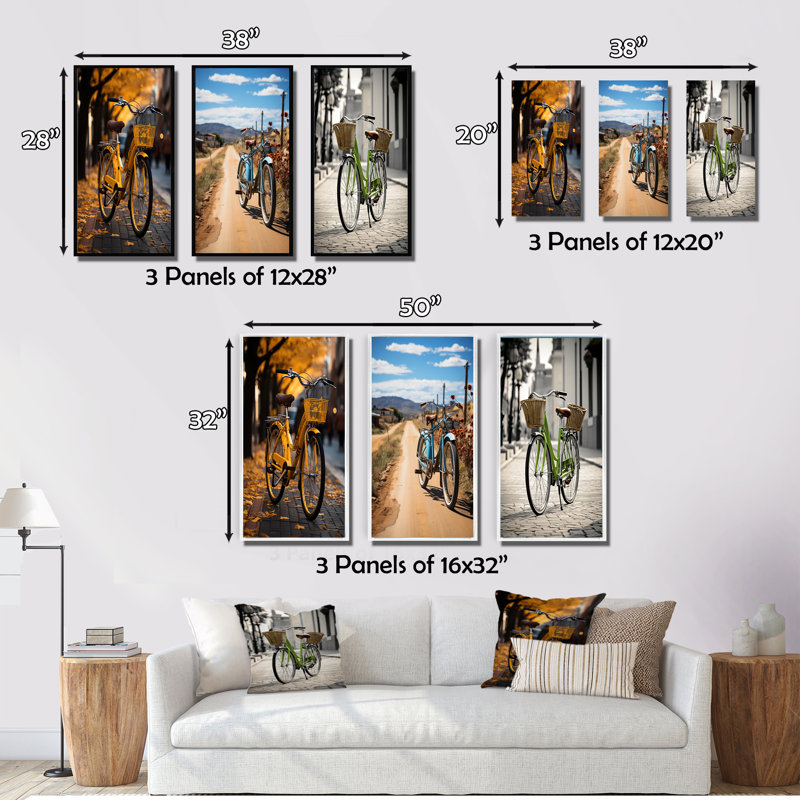 "Vélo urbain" 3 pièces sur toile, Toile tendue, H 40 po x l 60 po