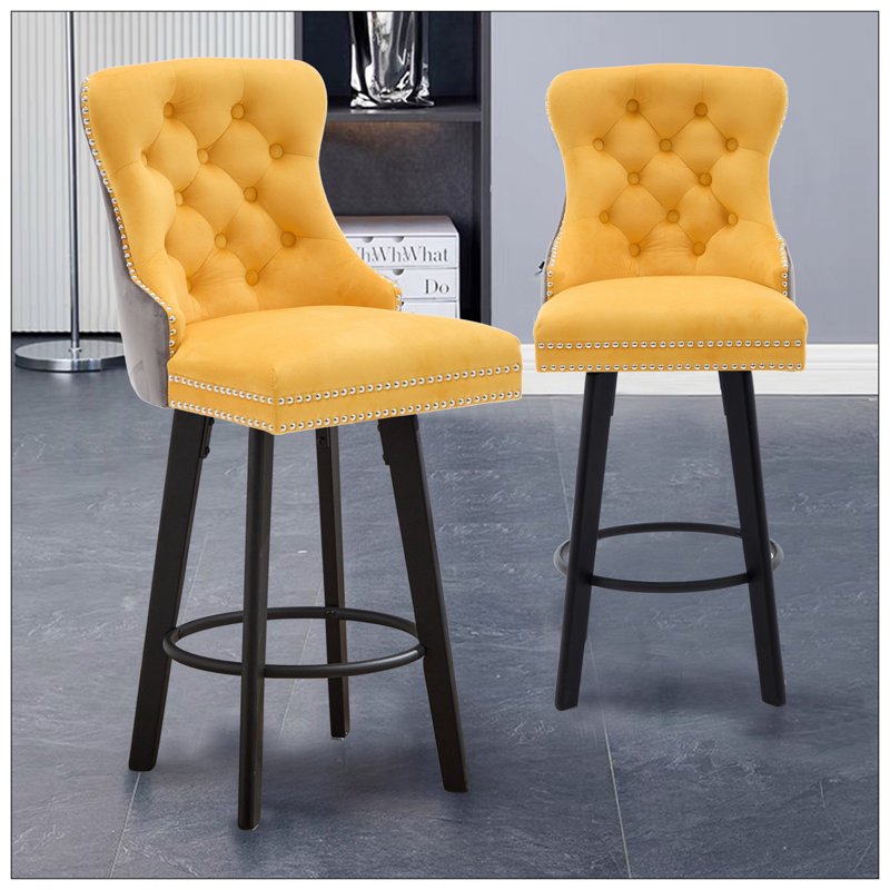 Modern  Swivel Bar Stools Velvet Barstools Button Tufted Bar Stools Rivet Trim Bar Stools For Kitchen Island,Bistro, With Metal Pull Ring Sturdy Footrest Large Backrest For Home Bar