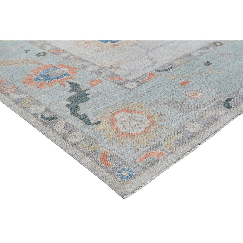 Tapis argenté et bleu clair noué à la main de haute qualité