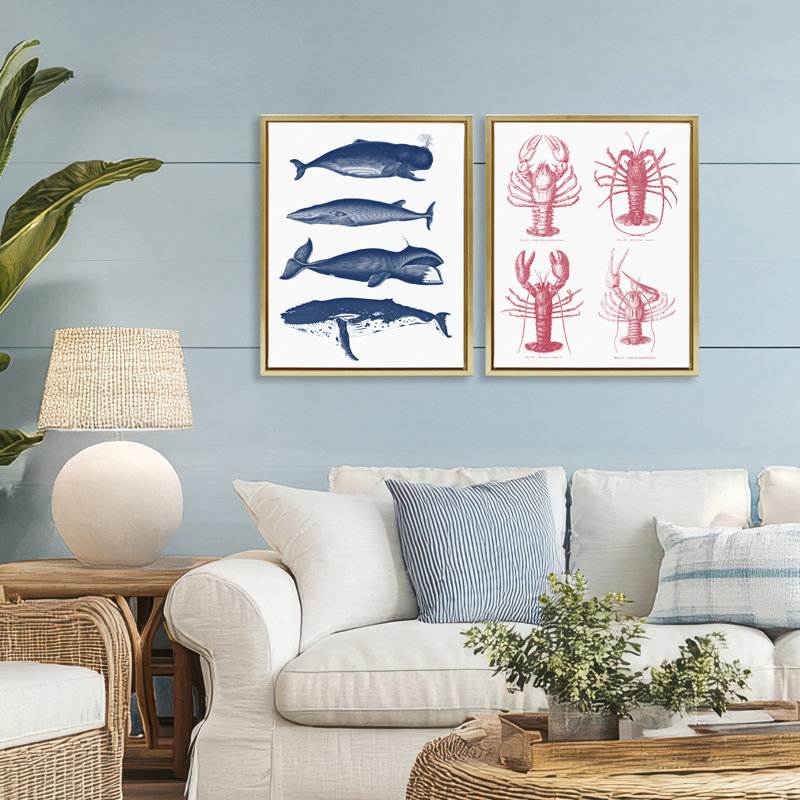 Ensemble de 2 cadres flottants Marine Whales & Lobsters, H 21 po x l 17 po, Cadre flottant métallique doré
