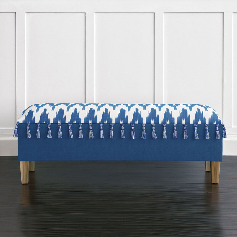 Blue and White Cotton Upholstered Storage Bench with Wood Legs