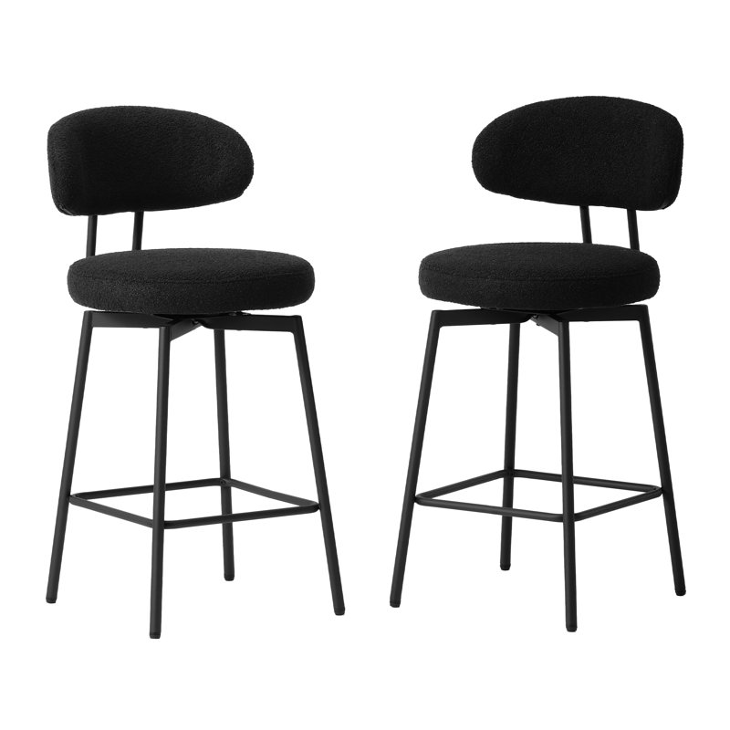 Bayville 27" Faux Shearling Fabric Upholstered Swivel Counter Stool (Set Of 2), Black