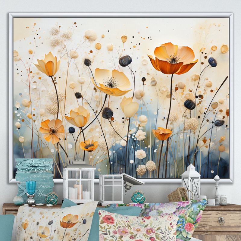 Décoration murale orange et bleu avec sourdine botanique I - Botanicals abstraits, H 24 po x l 32 po x P 1 po