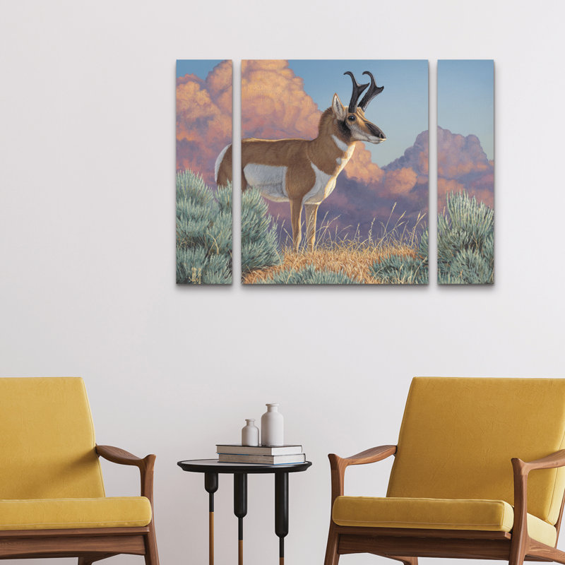 Ensemble de 3 panneaux muraux - Jeff Hoff «After the Storm Pronghorn», art mural sur toile pour le salon, la chambre à coucher ou le bureau 