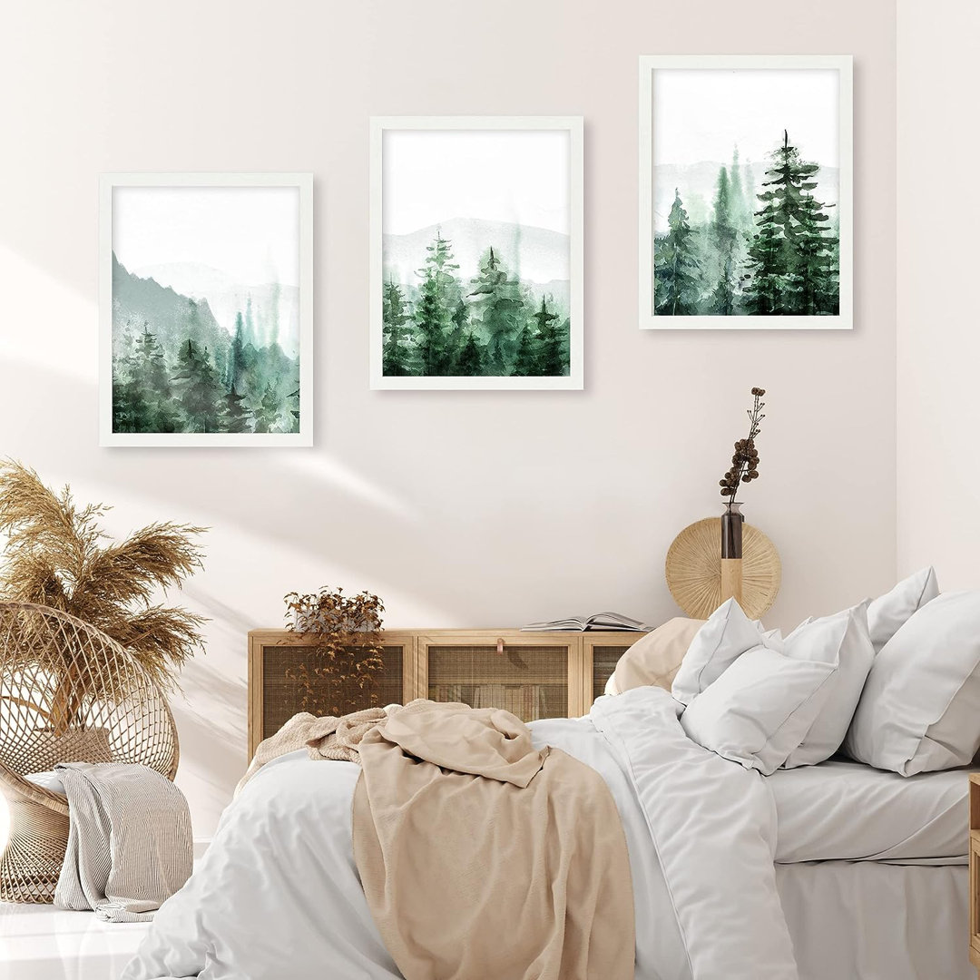 Woodland Forest Landscape Green Forest Pine Tree Nature Landscape Wall Art Framed 3 Pieces Print IDEA4WALL Frame 