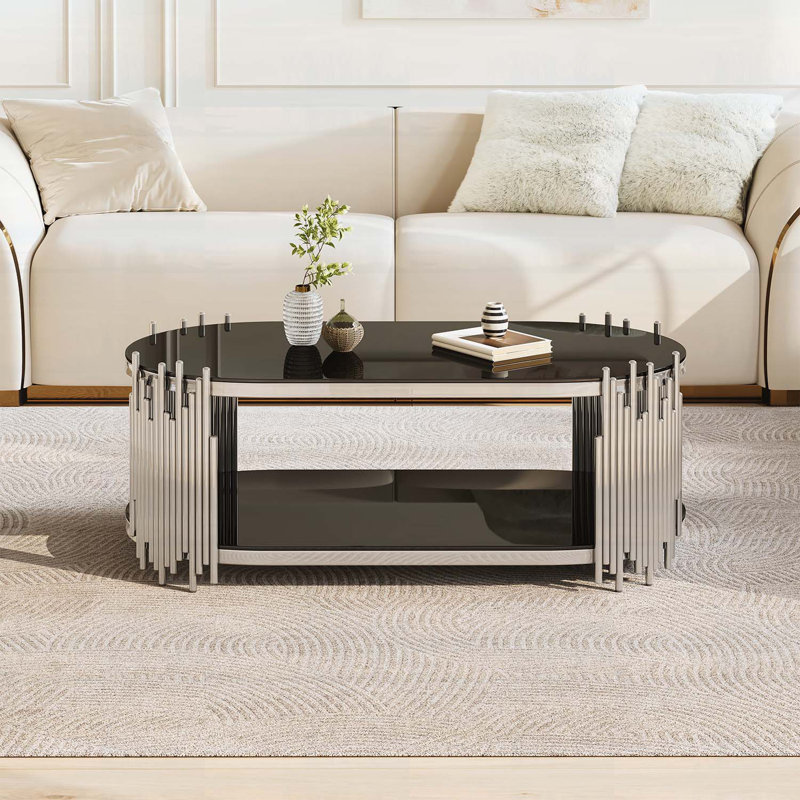 Table basse ovale moderne avec tablettes en verre trempé à 2 niveaux, Noir et argent