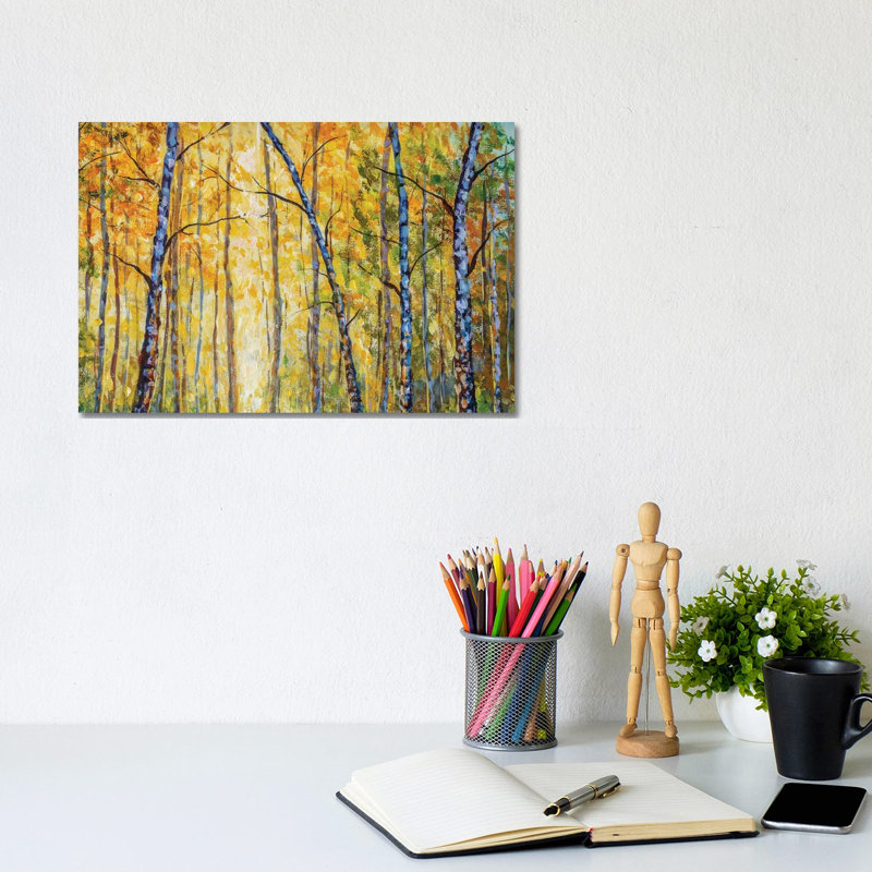 Beautiful Autumn Park With Birch Tree Modern Artwork - Wrapped Canvas Painting, 20.32 cm H x 30.48 cm W