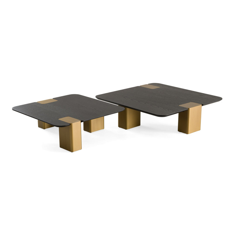 Ensemble de tables basses carrées en chêne brossé noir et doré moderne