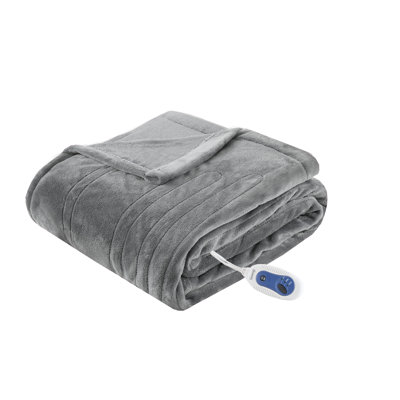 Heated Plush Grey Mashine Washable Auto Shut-off Oversized 60x70" Throw