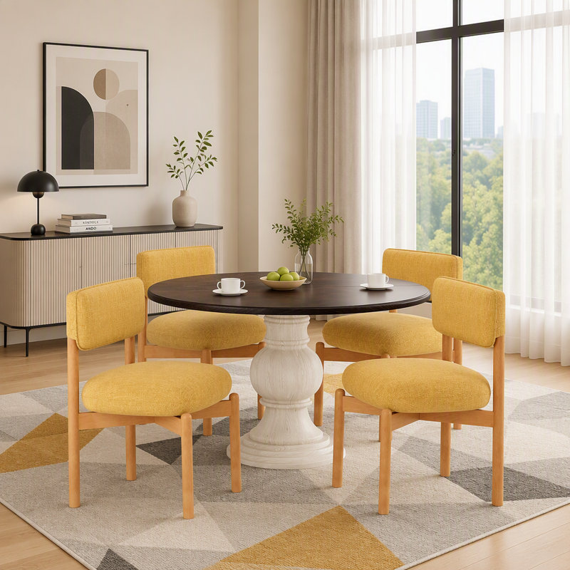 Chaises de salle à manger modernes en bois (ensemble de 2), chaises rembourrées en tissu de lin avec structure en bois massif et assise rembourrée