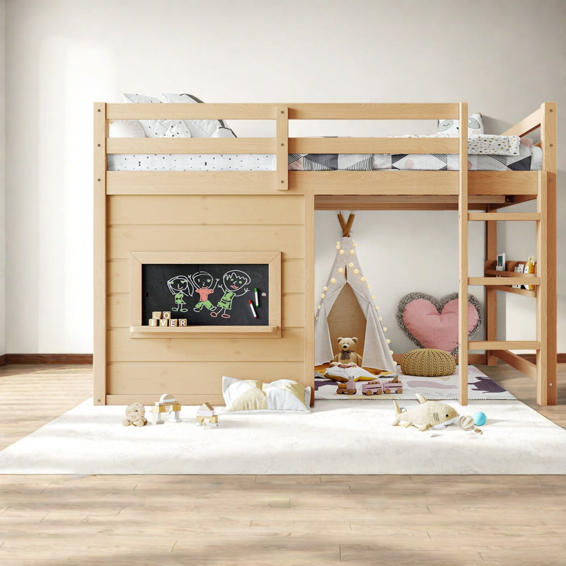 Lit mezzanine double compact avec rangement, maison de jeu rustique en bois aggloméré de pin