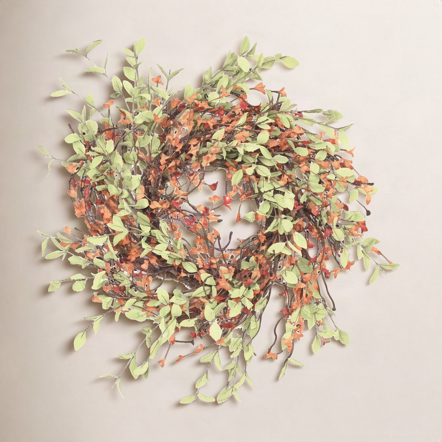 26" Handcrafted Foliage, Twig Thanksgiving Wreath, Green/Orange