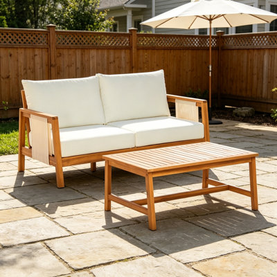 Ensemble 2 pièces canapé avec coussins d'extérieur et table basse - Structure en bois d'acacia