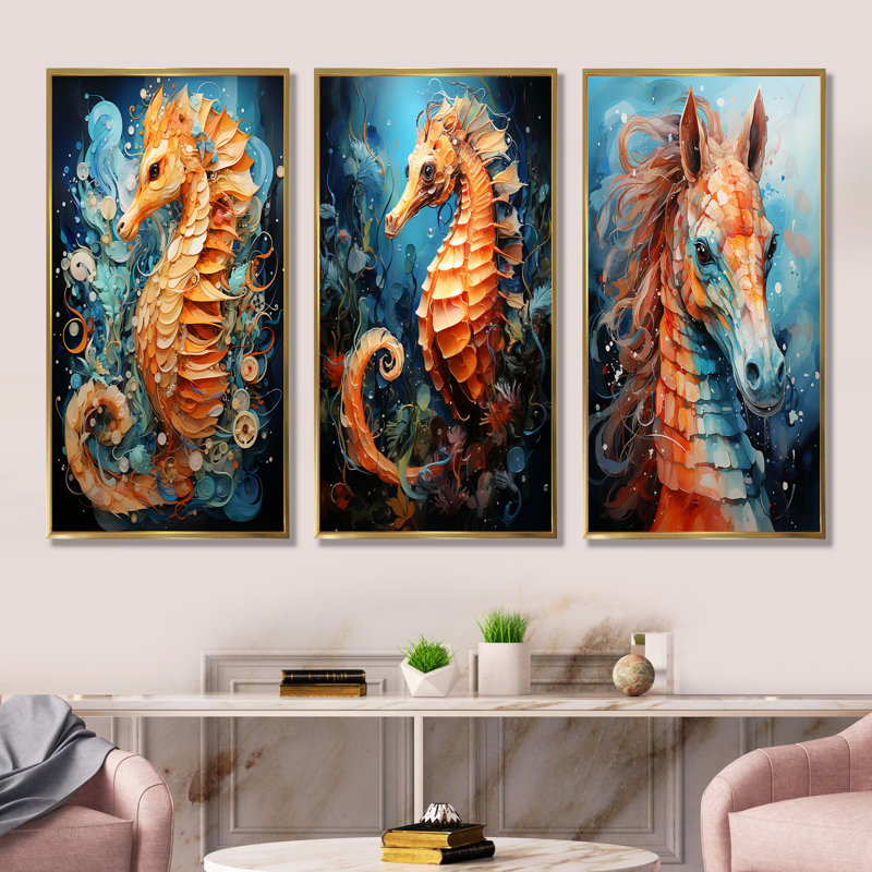 Ensemble de 3 décorations murales orange et bleu Seahorse Symphony I - Hippocampe, Cadre flottant doré, H 40 po x l 60 po