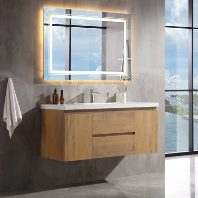 Meuble-lavabo suspendu de 122 cm (48 po) avec comptoir en surface solide et lavabo encastré en céramique, armoire murale en chêne clair, construction en bois massif et contreplaqué