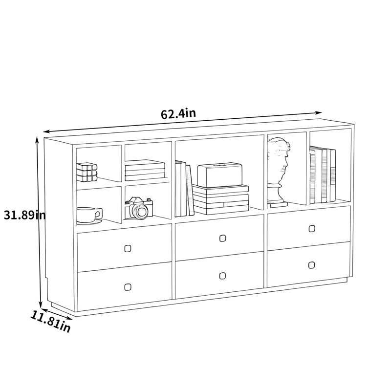 62.4-Inch Multi-Functional Side Cabinet, Display Case, and Bookshelf with Open Storage and Drawers