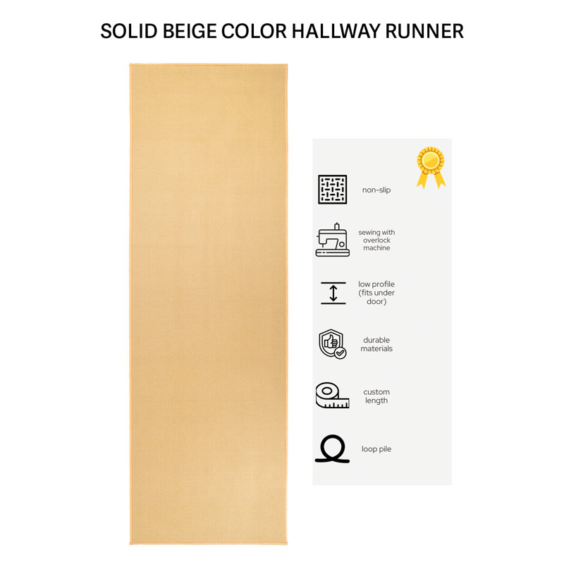 Washable Anti Slip Low Pile Solid BEIGE Color Abtin Custom Size Runner Rug, Runner 2'2" x 5'