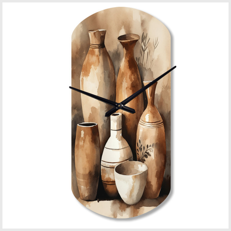 Horloge murale en métal à forme unique, vase en terre brune et crème III - Boho Pottery, Petit