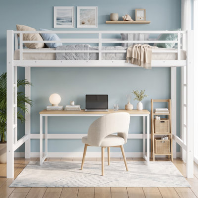 Full Size Metal Loft Bed, Loft Bed With Easy Climbing Ladder And Guardrails , No Box Spring Needed，white