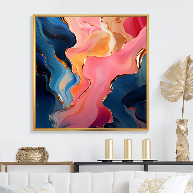 Rose et or abstrait, encre liquide I - art mural abstrait encre liquide, Cadre flottant doré, H 16 po x l 16 po x P 1 po
