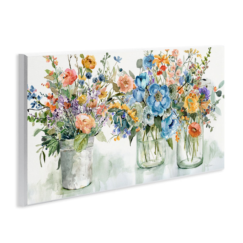 «French Cottage Mason», pot de fleurs, bouquet de fleurs, art mural sur toile tendue par Carol Robinson
