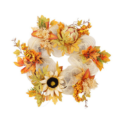 Couronne de campagne, couronne de tournesol artificielle d'automne de 17,7 pouces et feuille d'érable pour porte