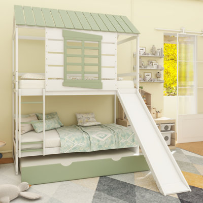Lit superposé simple au-dessus de simple avec glissière convertible et lit gigogne, blanc et vert