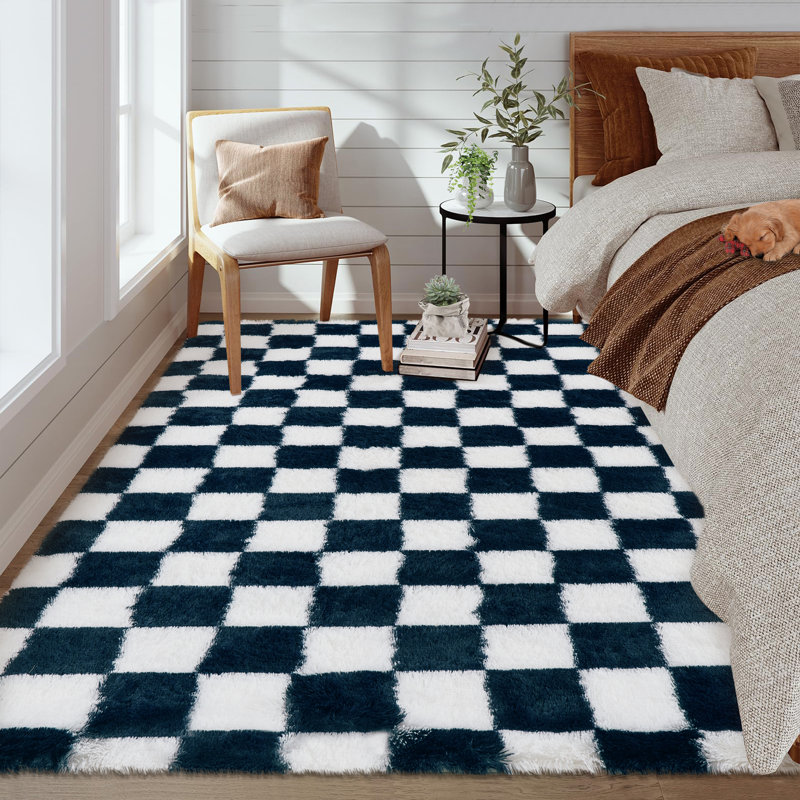 Soft Fluffy Large Rugs for Living Room Shaggy Area Rug Non Slip Modern Checkered Luxury Shag Plush Carpet for Kids Room Bedroom Dorm Home Decor