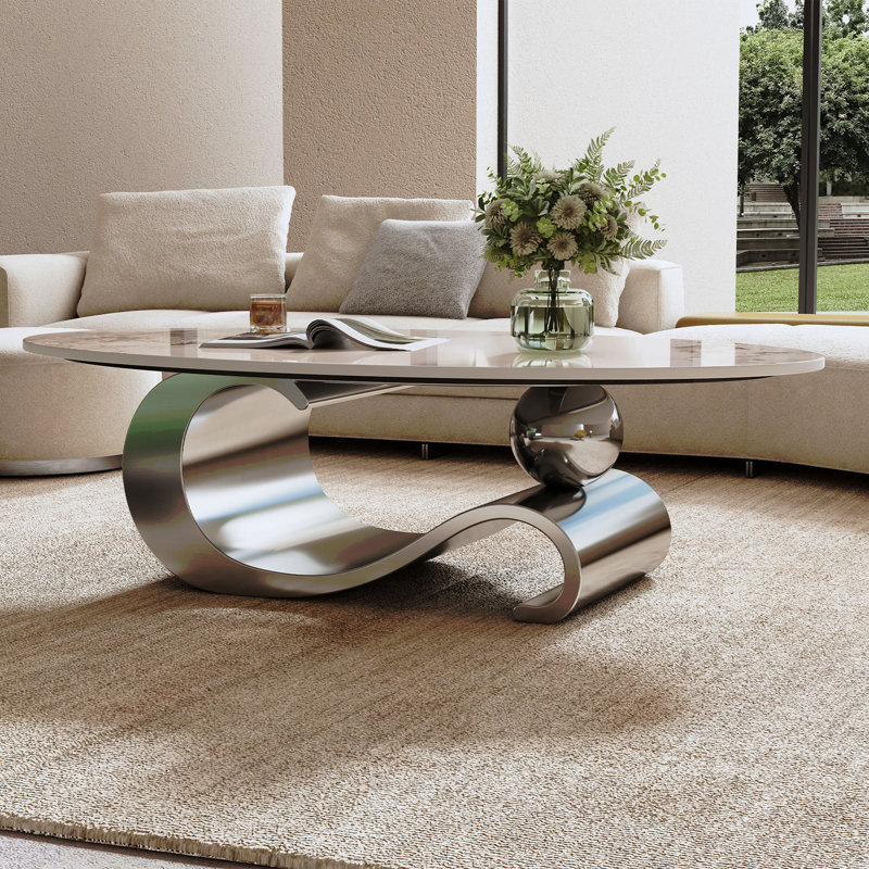Table basse ovale en faux marbre 49,2 po, base contemporaine en acier inoxydable, table centrale moderne pour le salon