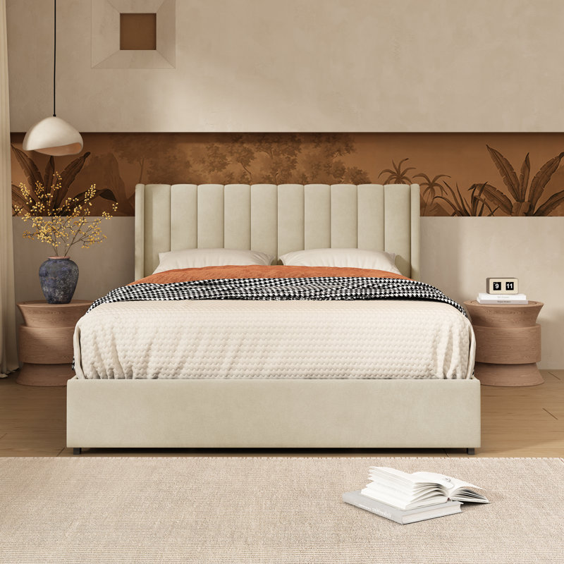 Lit plateforme avec rangement Jeilyn, Crème, Simple