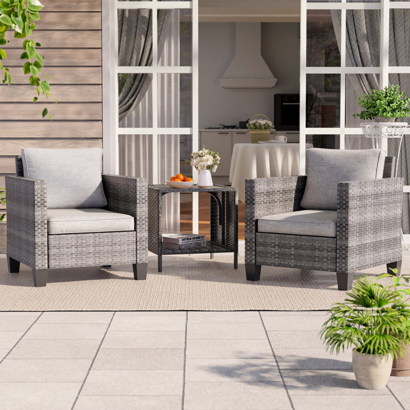 3 Piece Patio Conversation Set with Cushion, Brown, Linen Gray