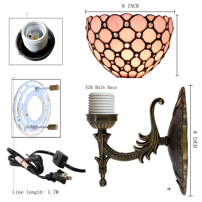 Tiffany Wall Sconce Lamp Stained Glass 8X10.5X11 Inch Plug in Wall Bedside Light for Hallway Bedroom (Pink Bead Style)