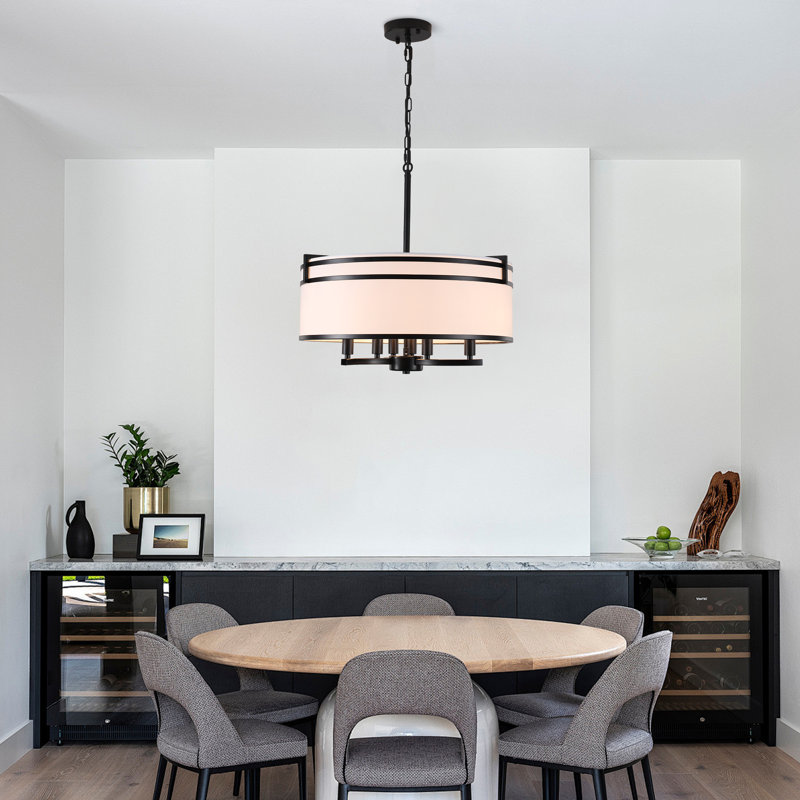 6- Light 21 inch Dimmable Farmhouse Drum Chandelier With Fabric Shade, Matte Black
