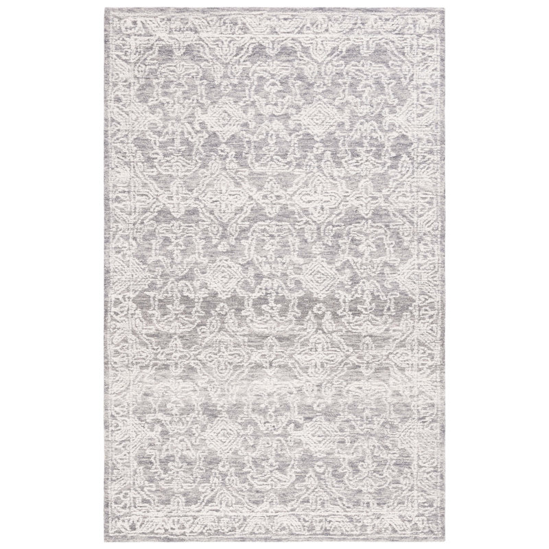 Calmar Ebony Hand Tufted Wool Cotton Damask Rug in Gray/Ivory, Runner 2'3" X 9'