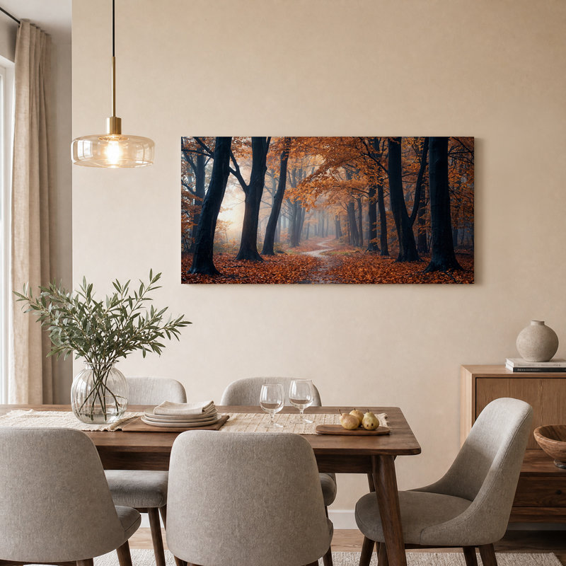 Chemin forestier brumeux d'automne sous un soleil doré - Tableau sur toile, 58“W x 28”H