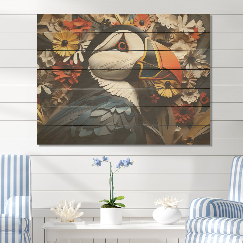 Morden Puffin Portrait d'oiseau I - animal côtier sur bois, H 34 po x l 44 po