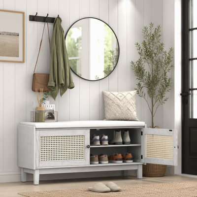 Banc d'entrée bohème en rotin avec rangement, organisateur de chaussures rembourré pour couloirs et entrées, gris délavé et beige