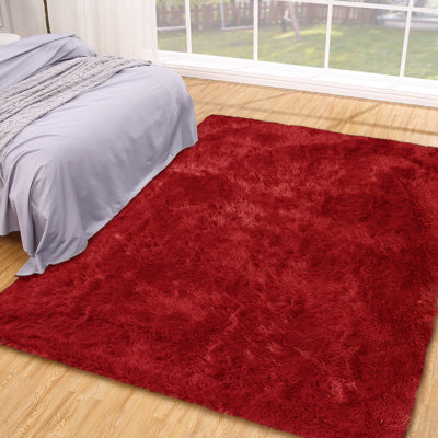 Grand tapis à poils longs lavable rouge antidérapant à poils longs pelucheux pour le salon, la chambre à coucher et la décoration intérieure