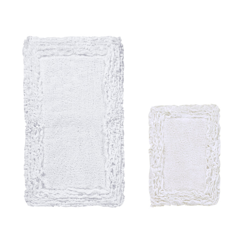 Courson Premium 100% Cotton 1775 GSM 2-Piece Bath Rug Set, OEKO-TEX® Certified, Non-Slip Spray Latex Backing, Plush Tufted Ruffle Pattern, Super Absorbent, Machine Washable Bathroom Rugs, White