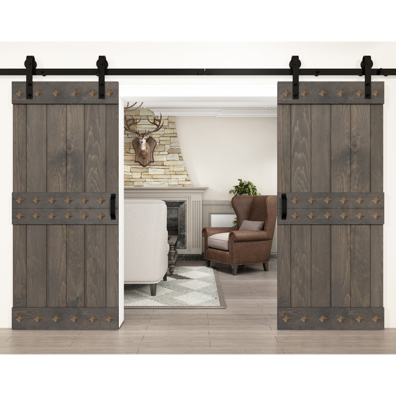 Porte de grange à panneaux et en bois avec quincaillerie d'installation, 76 po x 84 po, Gris fumé