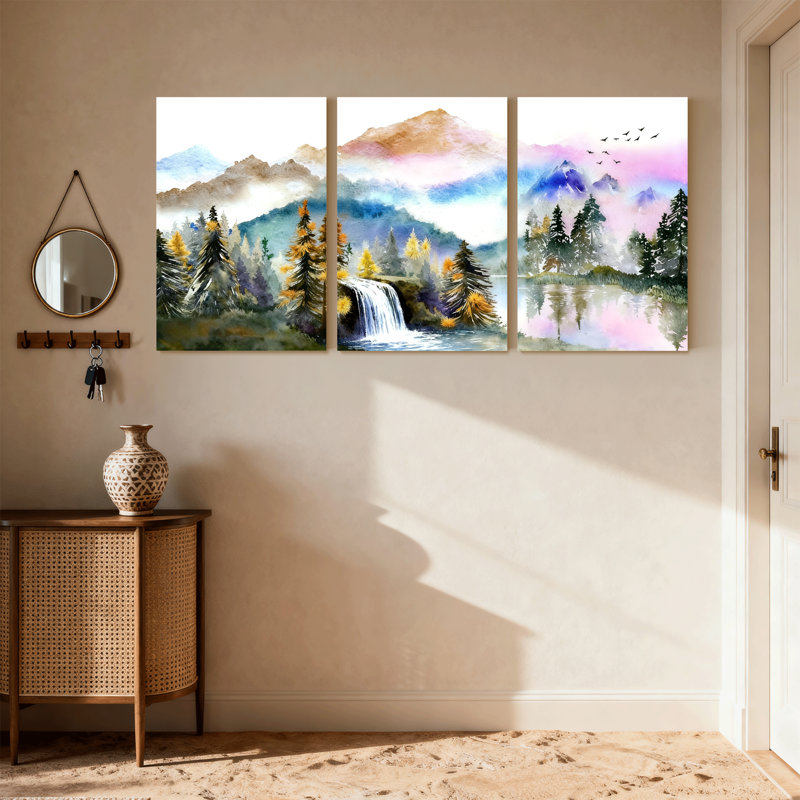 Paysage et nature, paysage de montagne, cascade, reflet de la forêt, oiseaux du ciel, ensemble de 3 impressions sur toile