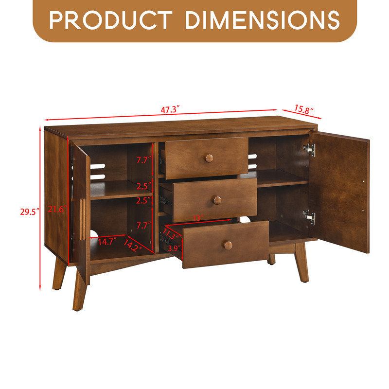 Buffet Mid-Century avec 2 portes et 3 tiroirs, armoire de rangement en noyer de 47,3 po pour la salle à manger, le salon et la cuisine
